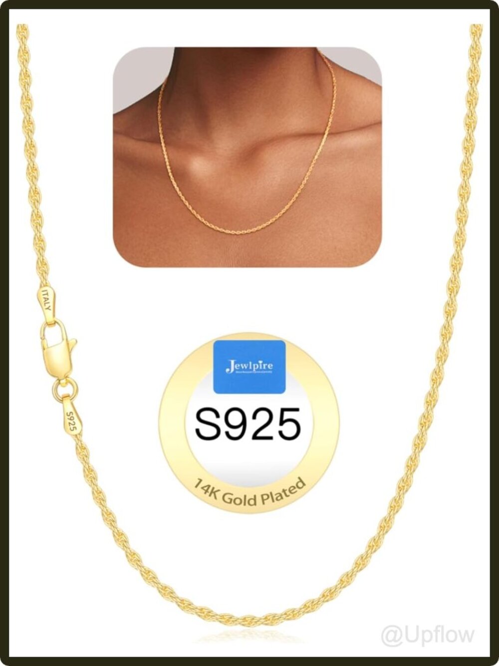 Women's 925 Sterling Silver Rope Chain Necklace 14K Gold Plated 2mm Lobster